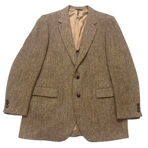 Vintage Harris Tweed Sportcoat Blazer 44R Brown Herringbone Wool Made in England